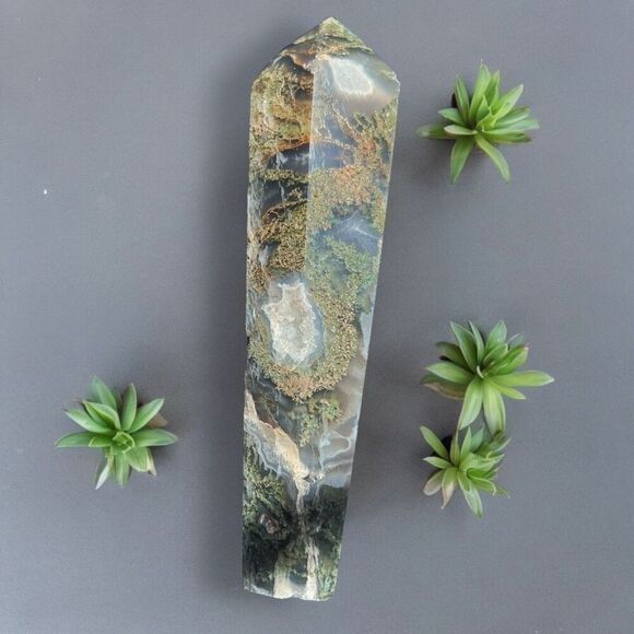 Large Moss‎ Agate Crystal Wand Scepter - Picture 1 of 16